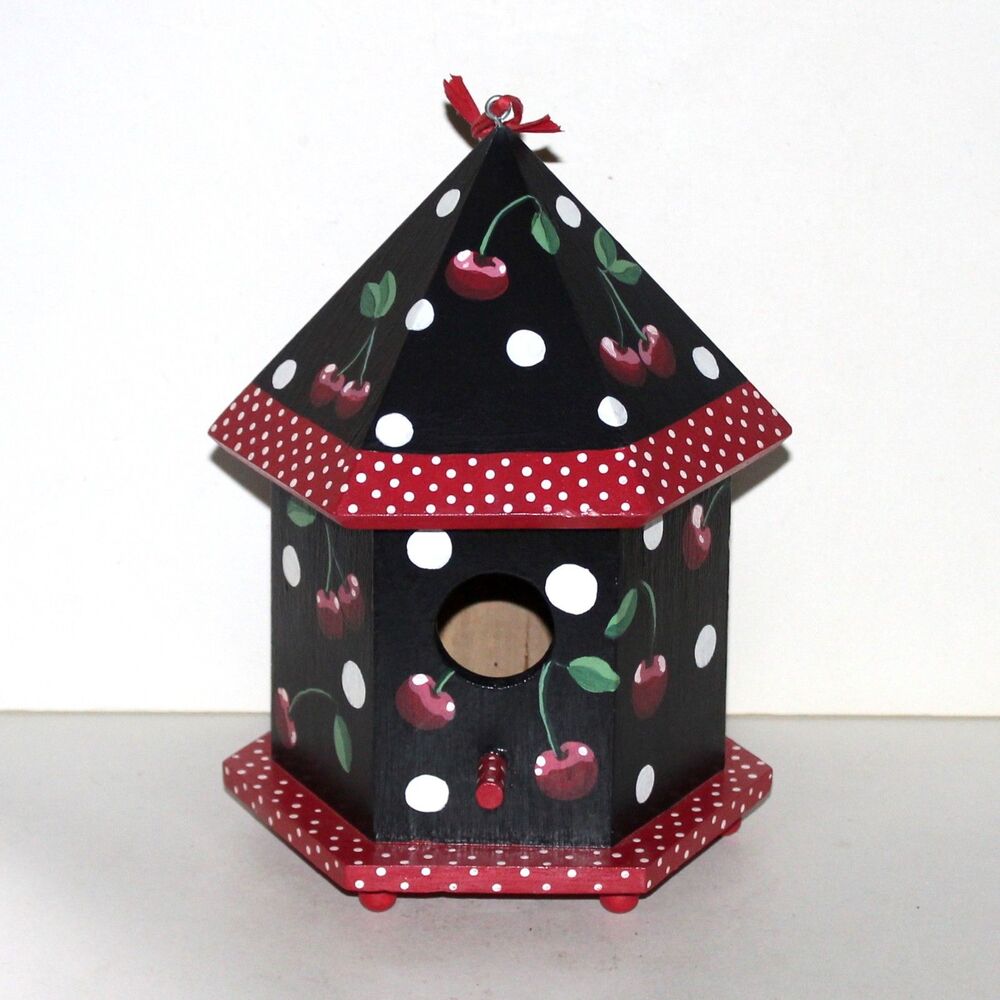 Bird House hand painted Black Red Cherry Wood white polka dots
